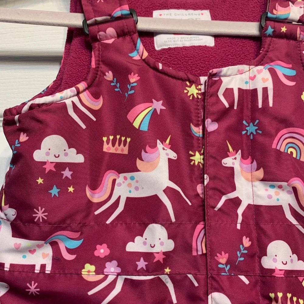 The Childrens Place Snow Bibs 18-24M Pink‎ Unicorn Rainbow Fleece Lined Overalls